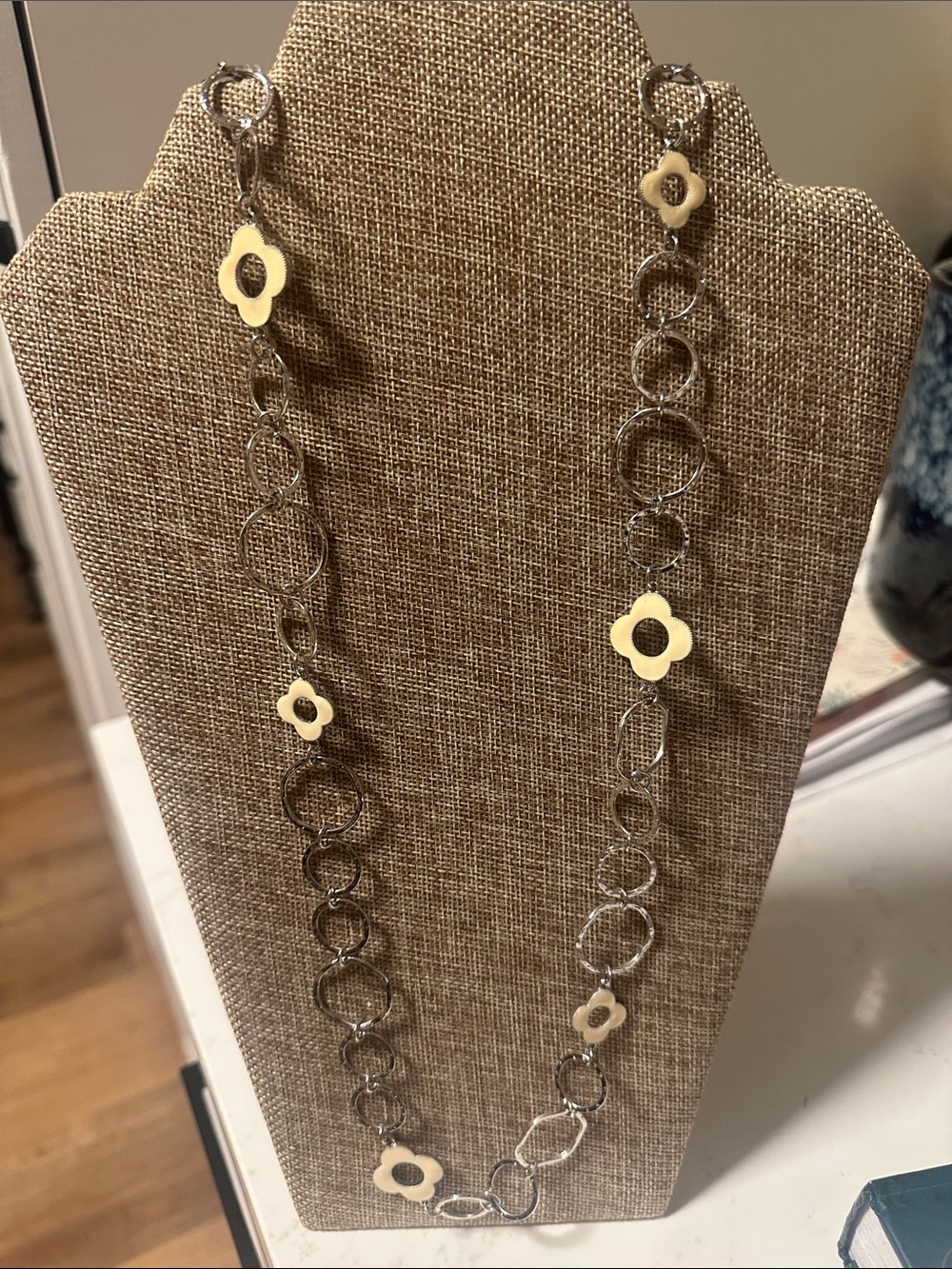 Park Lane Silver Chain Necklace with Cream Floral Accents